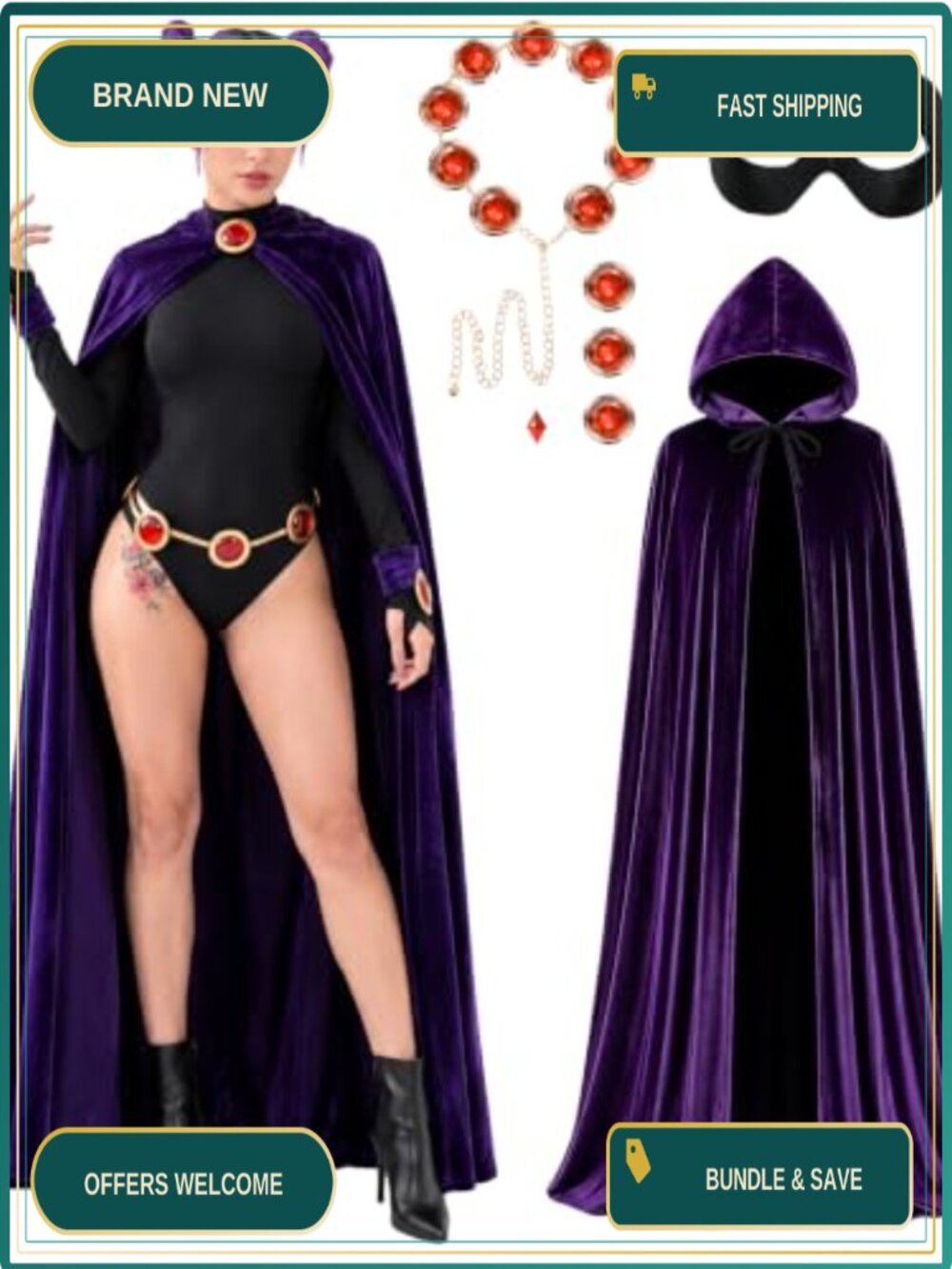 REECHO Velvet Hooded Cape Cloak Gem Belt Eye Mask Halloween Costume